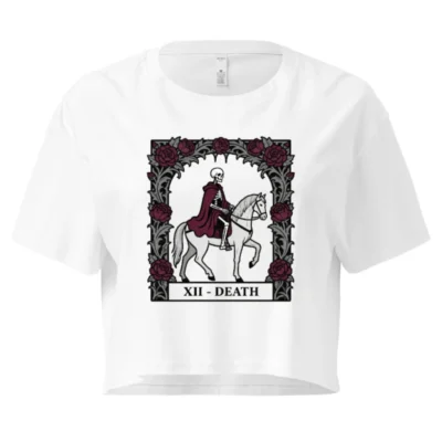 Women's Crop Top - Death Rider Tarot Card Design, Gothic Rose Frame, XII - Death