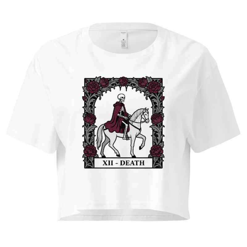 Women's Crop Top - Death Rider Tarot Card Design, Gothic Rose Frame, XII - Death