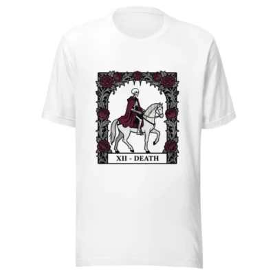 Unisex Staple T-Shirt - Death Tarot Card (XII) Skeleton on Horse, Gothic Rose Frame