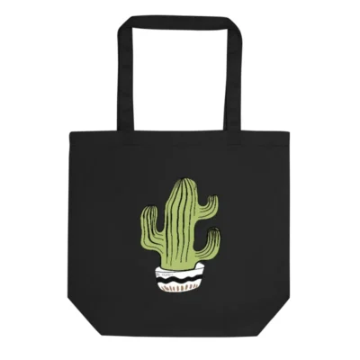 Eco Black Tote Bag with Cactus Design | Reusable Sustainable Shopping Tote