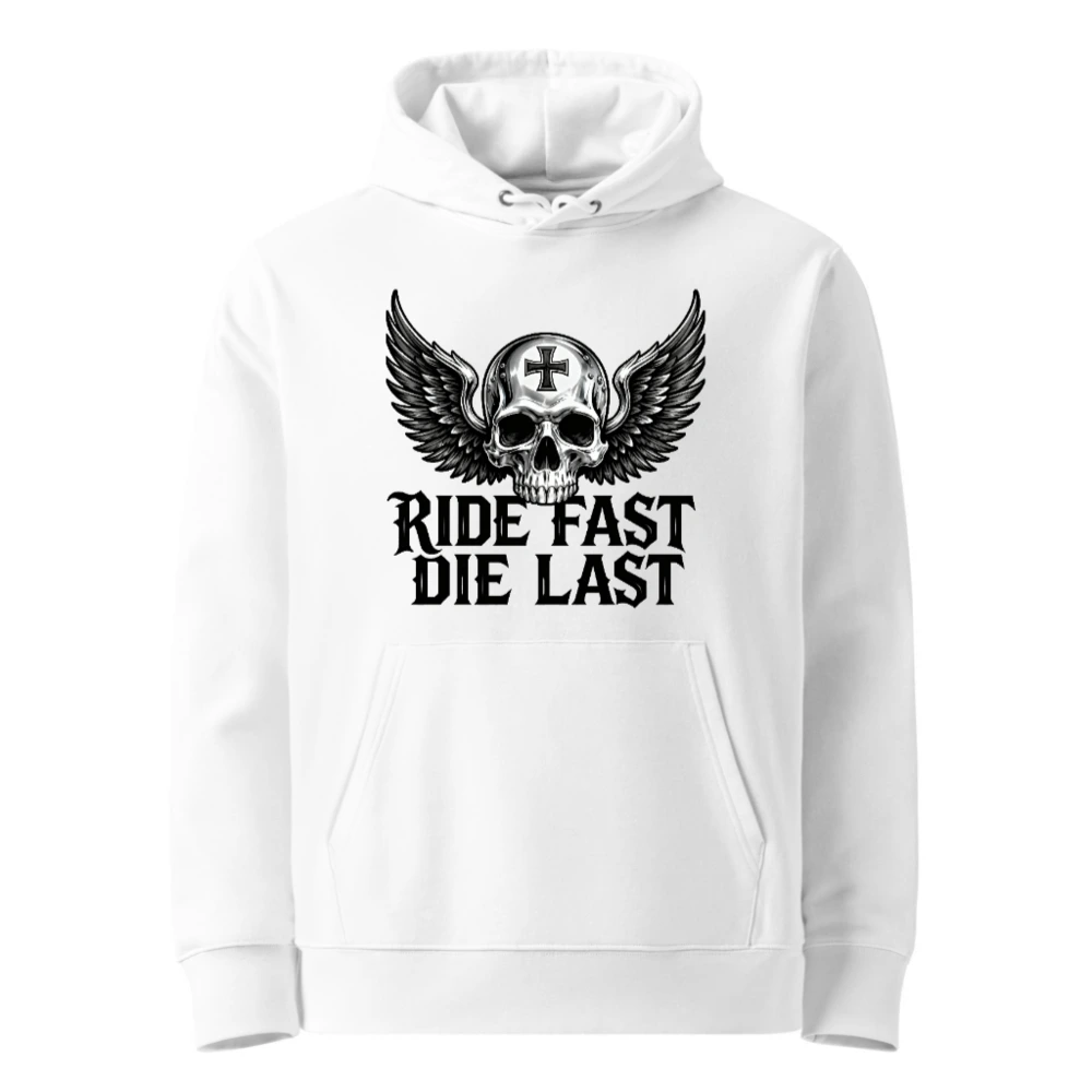 Unisex Eco Hoodie with Winged Skull Design | Ride Fast, Die Last