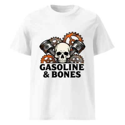 Gasoline & Bones T-Shirt - Unisex Organic Cotton Tee with Skull & Engine Gears Design