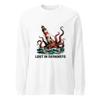 Lost in Darkness Octopus Lighthouse Long Sleeve Tee - Unisex, Red/White, Gothic Nautical Design
