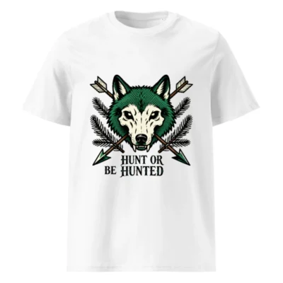 Unisex Organic Cotton T-Shirt - Green Wolf Graphic 'Hunt or Be Hunted' Hunting Theme