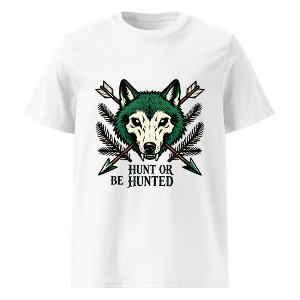 Unisex Organic Cotton T-Shirt - Green Wolf Graphic 'Hunt or Be Hunted' Hunting Theme
