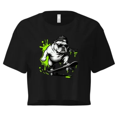 Skateboarding Bulldog Women's Crop Top - Black Graphic Tee with Neon Green Splatter