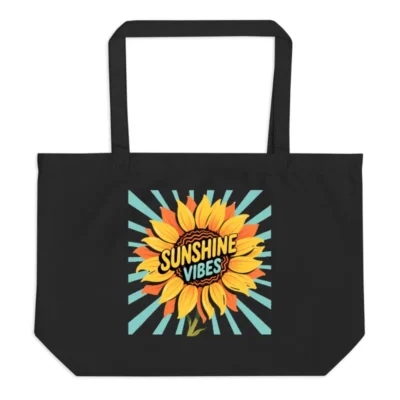 Large Black Organic Tote Bag | Sunflower 'Sunshine Vibes' Design