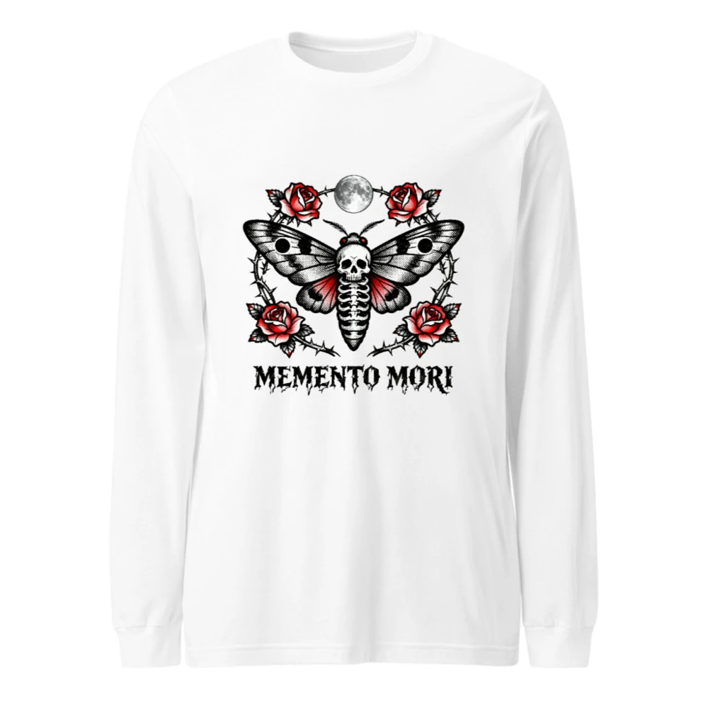 Memento Mori Moth Long Sleeve Tee - Gothic Skull & Roses Unisex Shirt