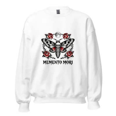 Memento Mori Moth Sweatshirt | Unisex Crew Neck, Skull & Roses Tattoo Design