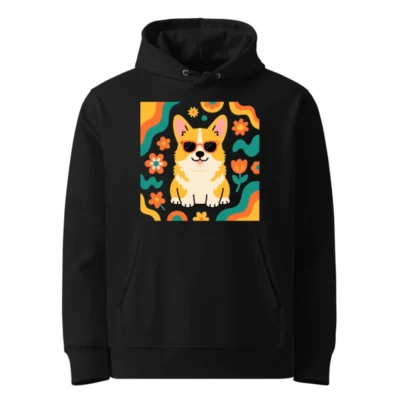 Unisex Eco Hoodie with Corgi & Retro Flower Design - Sustainable, Comfortable, Essential