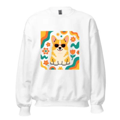 Unisex Corgi Sunflower Sweatshirt - Retro Floral Dog Graphic Crew Neck