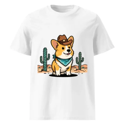 Unisex Organic Cotton Cowboy Corgi T-Shirt | Eco-Friendly Desert Design
