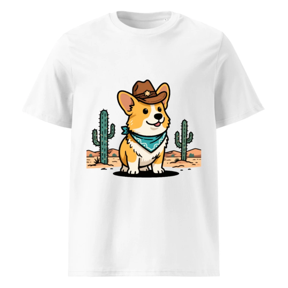 Unisex Organic Cotton Cowboy Corgi T-Shirt | Eco-Friendly Desert Design