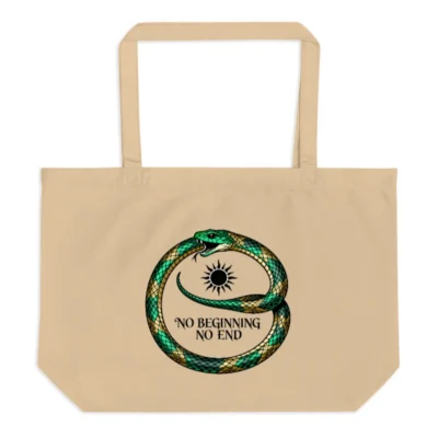 Organic Tote Bag with Green Snake Ouroboros Design | No Beginning No End