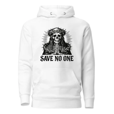 Unisex Premium Pullover Hoodie - Skull with Crown of Thorns, 'Save No One' Gothic Design