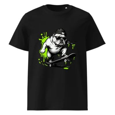 Unisex Organic Cotton T-Shirt - Bulldog Skateboarder Graphic with Neon Green Splatter