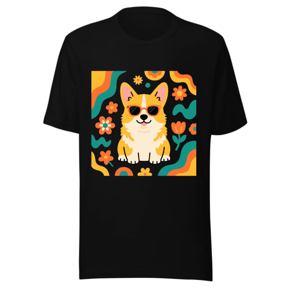 Unisex Corgi Sunflower T-Shirt - Retro Floral Dog Graphic Tee