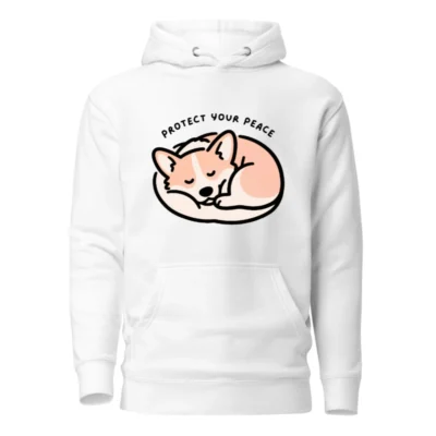 Unisex Premium Pullover Hoodie - Sleepy Corgi, 'Protect Your Peace' Design