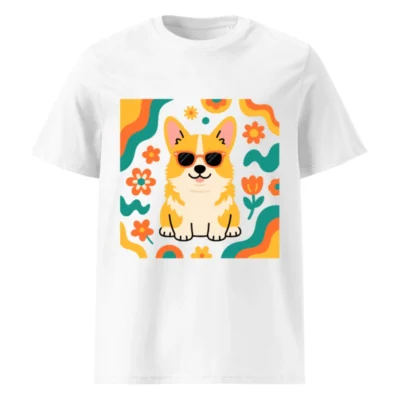 Unisex Organic Cotton T-Shirt with Cute Corgi in Sunglasses & Floral Pattern