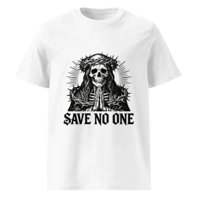 Unisex Organic Cotton T-Shirt - Skull with Crown of Thorns, 'Save No One' Gothic Design