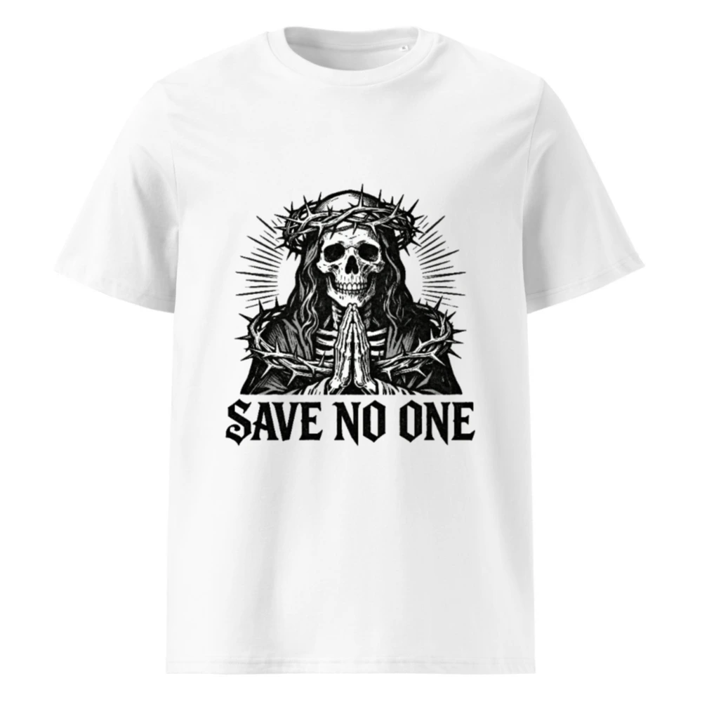 Unisex Organic Cotton T-Shirt - Skull with Crown of Thorns, 'Save No One' Gothic Design