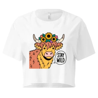 Women's Crop Top with Highland Cow & Sunflower Design | Stay Wild