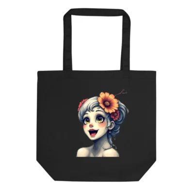 Eco Black Tote Bag | Sustainable Canvas Tote with Floral Girl Art