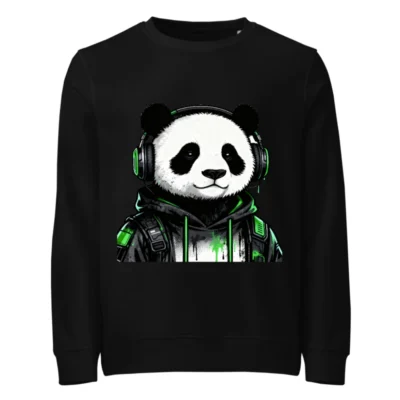 Unisex Organic Sweatshirt with Panda Gaming Design - Green & Black