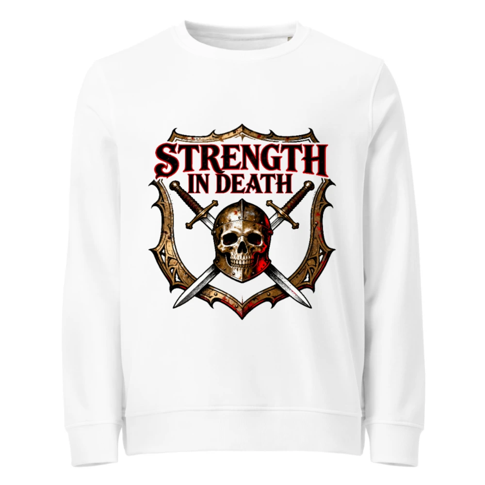 Strength in Death Unisex Organic Sweatshirt - Skull & Swords Shield Design