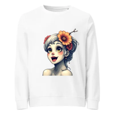 Unisex Organic Sweatshirt with Floral Girl Art - Eco-Friendly, Soft & Comfortable