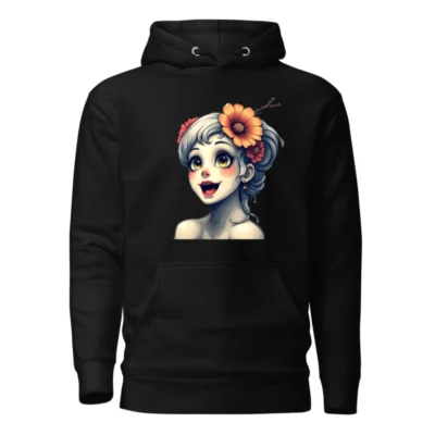 Unisex Premium Pullover Hoodie with Floral Girl Art - Black, Soft & Comfortable