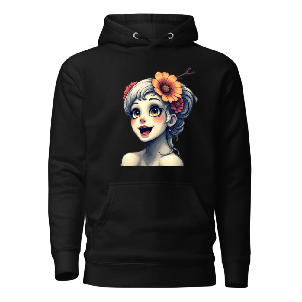 Unisex Premium Pullover Hoodie with Floral Girl Art - Black, Soft & Comfortable