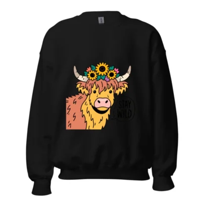 Unisex Highland Cow Sweatshirt - Floral Horns & Stay Wild Graphic, Crew Neck