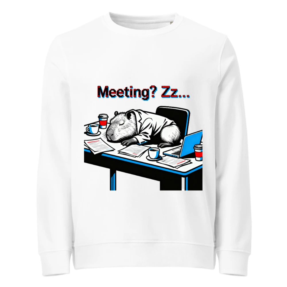 Unisex Organic Sweatshirt | Capybara Sleeping at Desk, 'Meeting? Zz...' Funny Office Humor