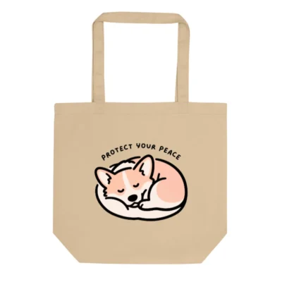Eco Oyster Tote Bag | Sustainable Cotton Tote with Sleepy Fox Design & 'Protect Your Peace' Quote