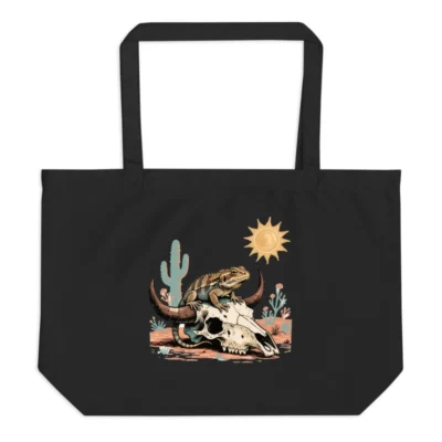 Organic Tote Bag with Desert Lizard & Skull Art | Eco-Friendly Black Canvas Tote