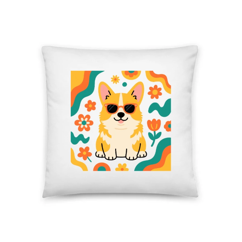 Corgi with Sunglasses Pillow 18"x18" - Vibrant Floral Design, Soft Decorative Cushion