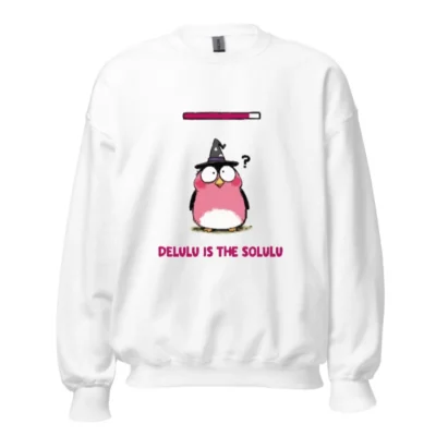 Delulu is the Solulu Unisex Crew Neck Sweatshirt | Pink Owl Wizard Design