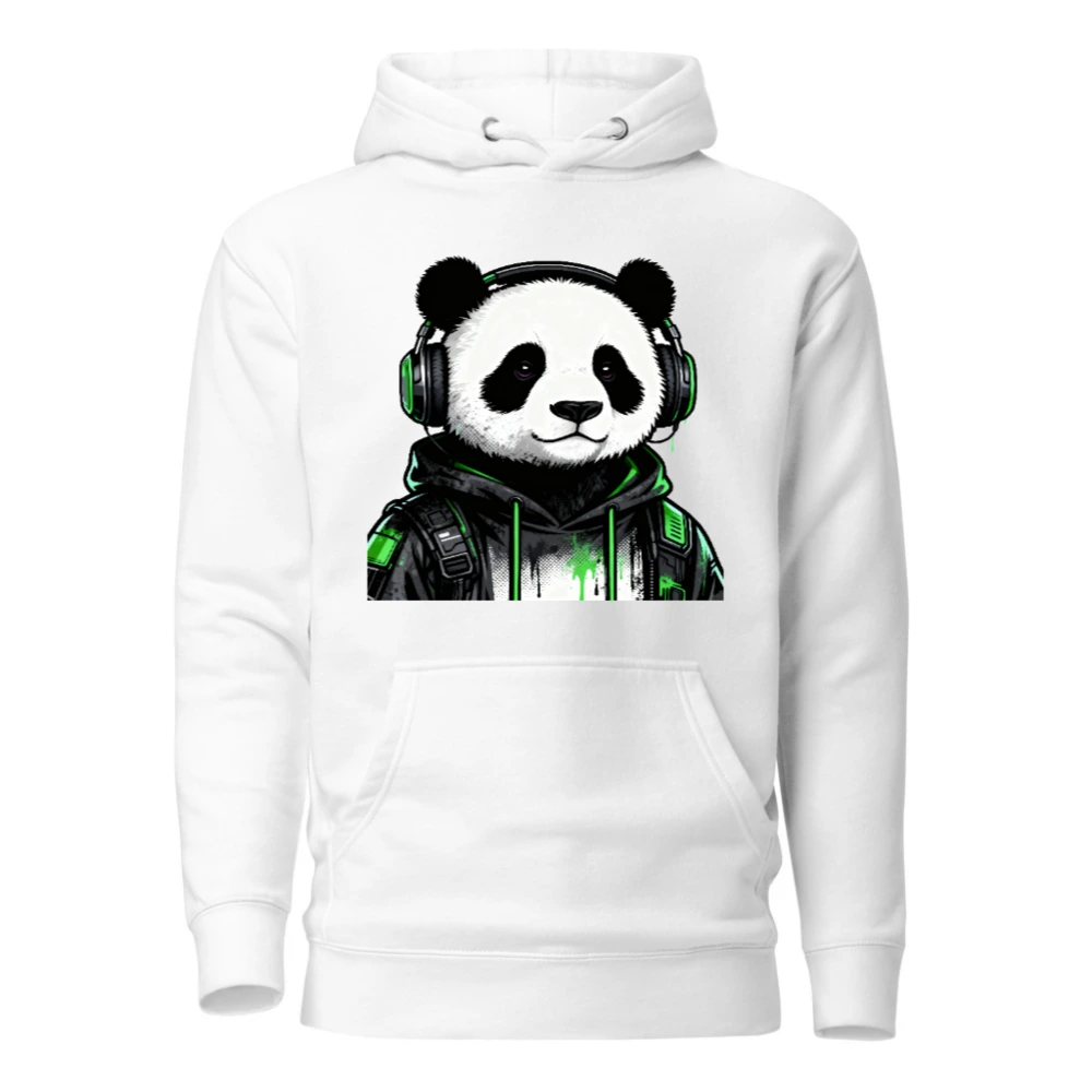 Panda Gamer Hoodie - Unisex Premium Pullover with Green Headphones & Glow Design