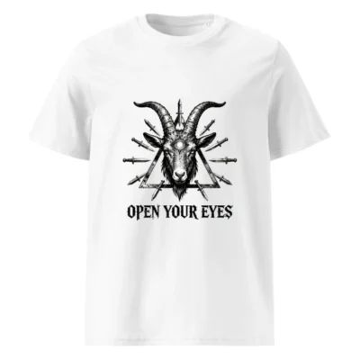 Unisex Organic Cotton T-Shirt - Goat Head with Third Eye & Daggers, 'Open Your Eyes' Design