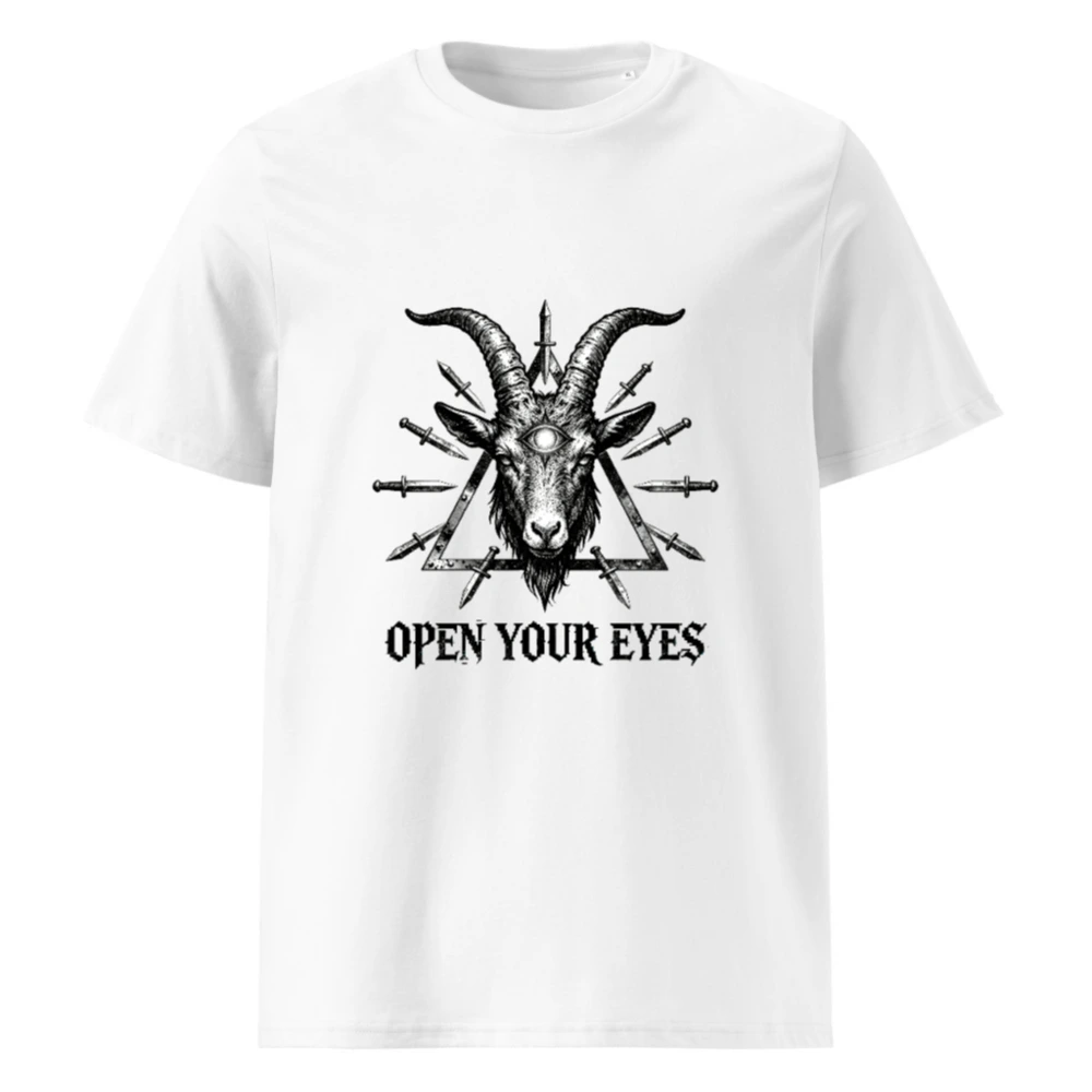 Unisex Organic Cotton T-Shirt - Goat Head with Third Eye & Daggers, 'Open Your Eyes' Design