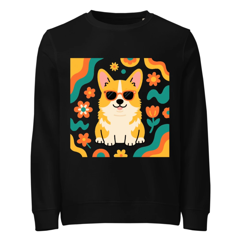 Unisex Organic Sweatshirt with Corgi & Floral Design - Eco-Friendly, Comfortable