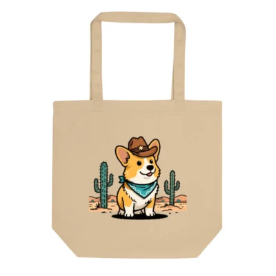 Eco Oyster Tote Bag | Cowboy Corgi Desert Design - Sustainable Canvas Tote