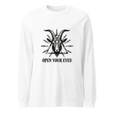 Open Your Eyes Goat Skull Long Sleeve Tee - Unisex Black & White Gothic Design