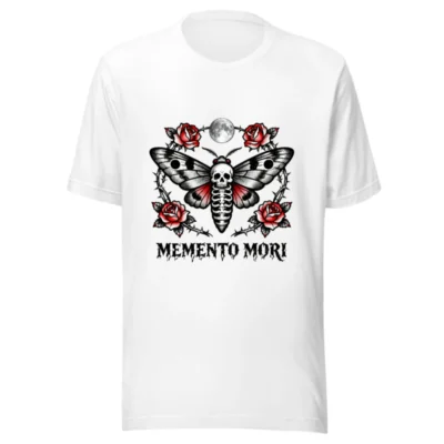 Memento Mori Moth T-Shirt - Unisex Staple Tee with Skull & Roses Tattoo Design