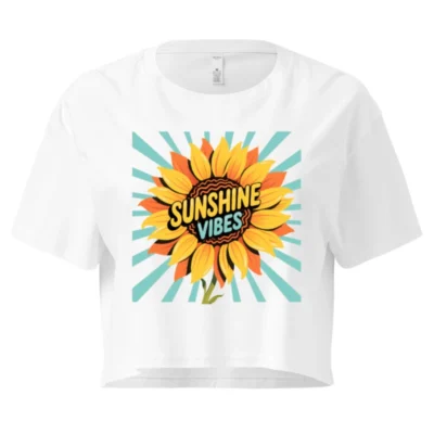 Women's Sunflower Crop Top - Sunshine Vibes Graphic Tee, Short Sleeve, White