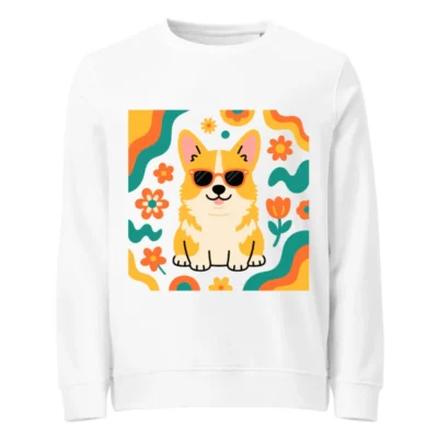 Unisex Organic Sweatshirt with Corgi & Floral Design - Eco-Friendly, Comfortable