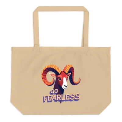 Organic Tote Bag with Ram Design | Go Fearless | Large Eco-Friendly Canvas Bag
