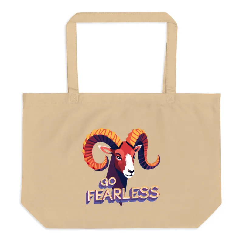 Organic Tote Bag with Ram Design | Go Fearless | Large Eco-Friendly Canvas Bag