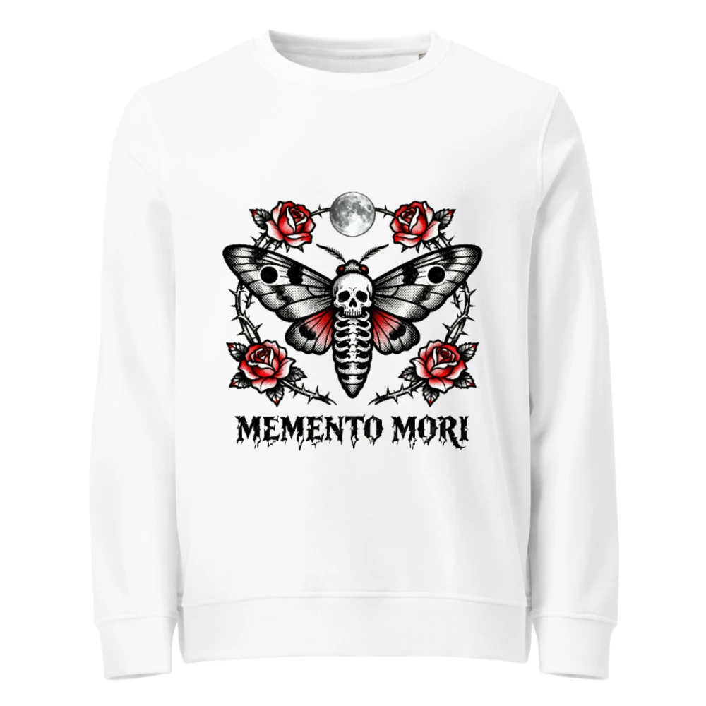 Unisex Organic Sweatshirt with Memento Mori Skull Moth Rose Design